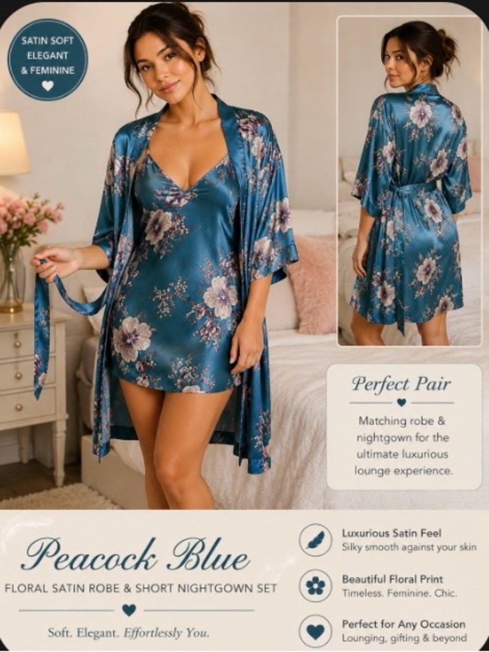 Sante Classics Peacock Blue Floral Satin Nightgown & Robe Set coquette Lingerie